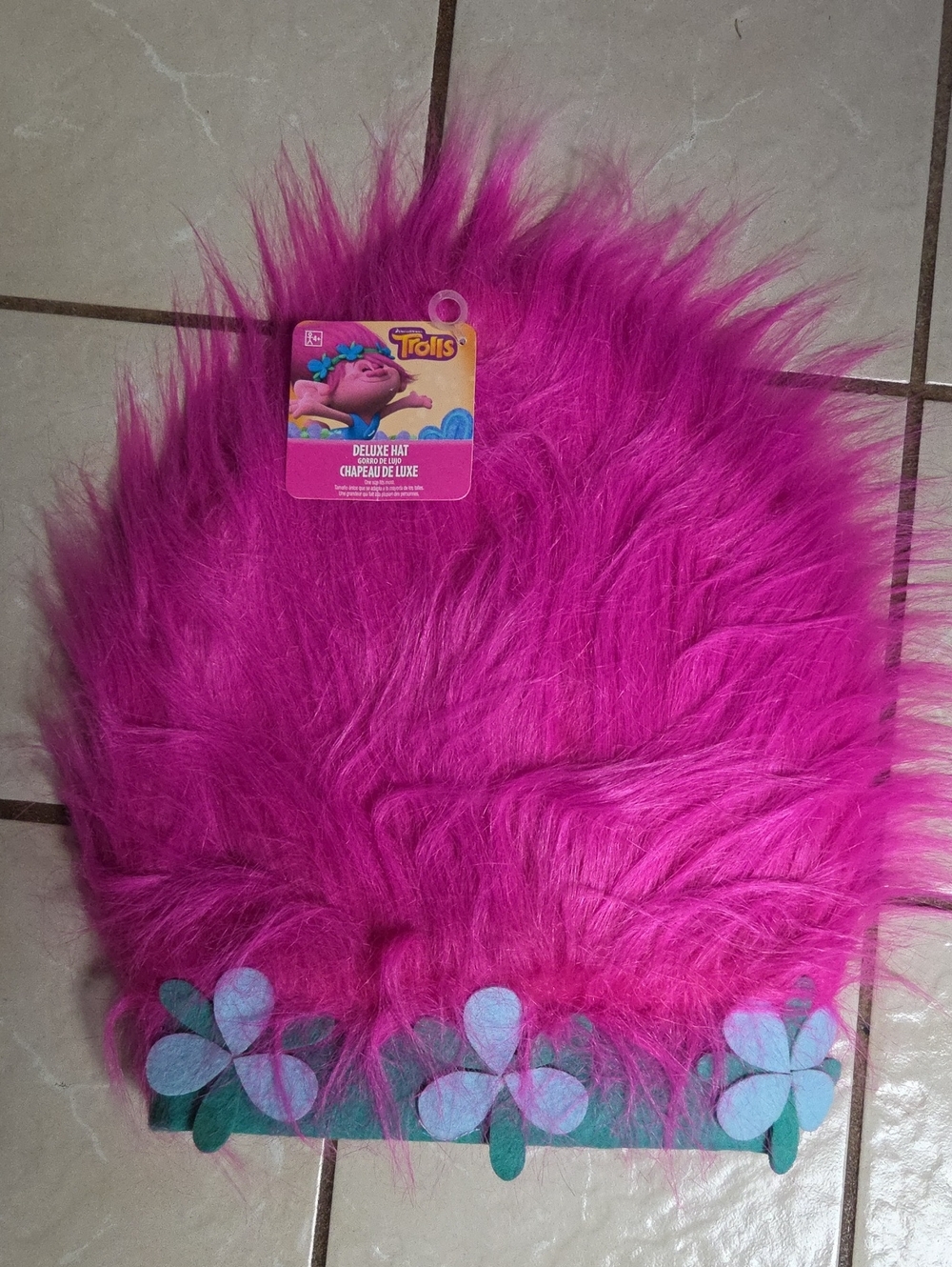 Trolls Bright Pink Fuzzy Deluxe Hat with Flower Trim